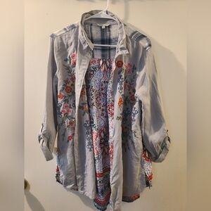 John Mark Embroidered Floral Blouse - Light Gray and Multicolor